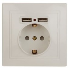 Розетка P+E Schuko со шторками, 16А-250В + 2хUSB 5В-2,1А, IP20, СУ, Plano, слоновая кость