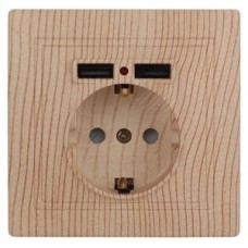 Розетка P+E Schuko со шторками, 16А-250В + 2хUSB 5В-2,1А, IP20, СУ, Plano, ссосна