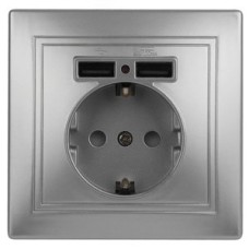 Розетка 2P+E Schuko со шторками с заземлением , 16А-250В + 2хUSB 5В-2,1А, IP20, СУ, алюминий