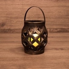 Декоративный домашний фонарь со свечкой, плетеный корпус, бронза, размер 14х14х16,5 см, цвет теплый белый