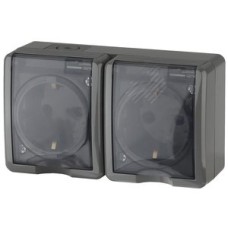 Розетка 2х2P+E IP54, шторки, 16A-250В, ОУ, Эра Эксперт, серый