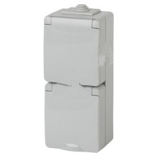 Розетка 2х2P+E верт. IP65, шторки, 16A-250В, ОУ, Эра Эксперт, серый