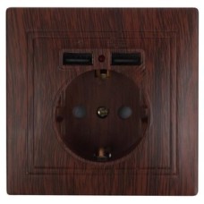 Розетка P+E Schuko со шторками, 16А-250В + 2хUSB 5В-2,1А, IP20, СУ, Plano, венге