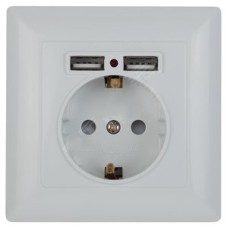 Розетка P+E Schuko со шторками, 16А-250В + 2хUSB, IP20, СУ, Solo, белый