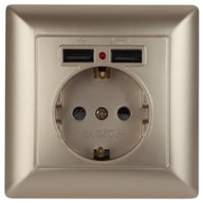 Розетка P+E Schuko со шторками, 16А-250В + 2хUSB, IP20, СУ, Solo, шампань
