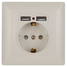 Розетка P+E Schuko со шторками, 16А-250В + 2хUSB, IP20, СУ, Solo, слоновая кость