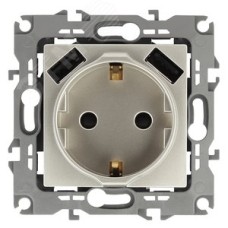 Розетка 2P+E 16A-250В, штор. с 2xUSB 5В-3А, Эра Elegance, шампань