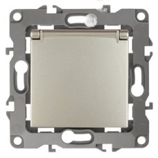 Розетка 2P+E Schuko со шторками с крышкой, 16A-250В, Эра12, шампань