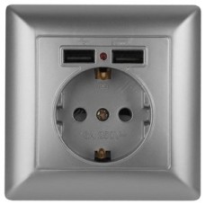 Розетка P+E Schuko со шторками, 16А-250В + 2хUSB, IP20, СУ, Solo, алюминий