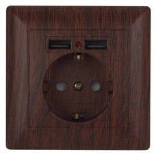 Розетка P+E Schuko со шторками, 16А-250В + 2хUSB, IP20, СУ, Solo, венге