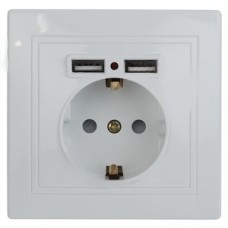 Розетка P+E Schuko со шторками, 16А-250В + 2хUSB 5В-2,1А, IP20, СУ, Plano, белый