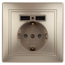 Розетка P+E Schuko со шторками, 16А-250В + 2хUSB 5В-2,1А, IP20, СУ, Plano, шампань