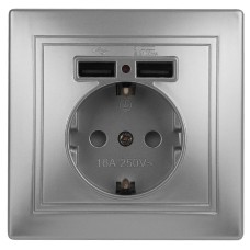 Розетка P+E Schuko со шторками, 16А-250В + 2хUSB 5В-2,1А, IP20, СУ, Plano, алюминий